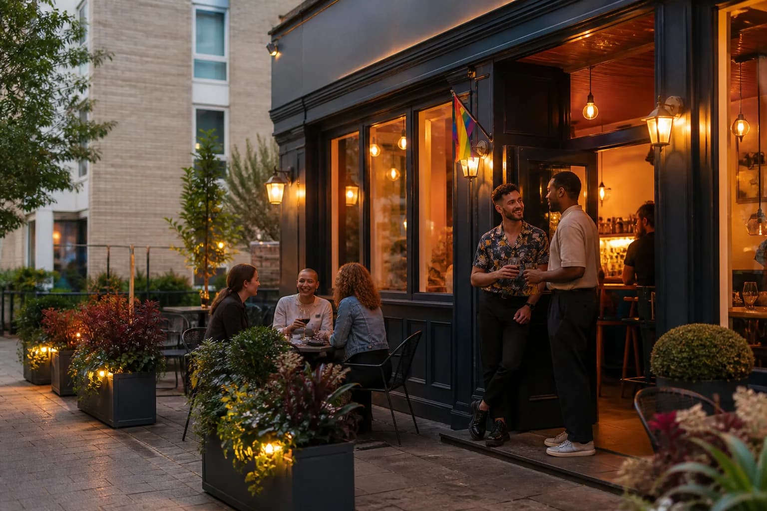 Friends enjoying the warm early-evening welcome outside an independent pub