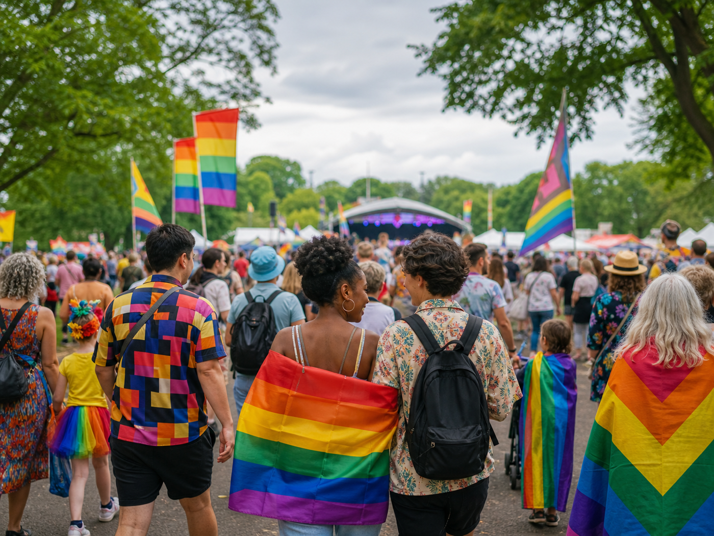 A diverse crowd enjoying a Pride celebration in a green city park