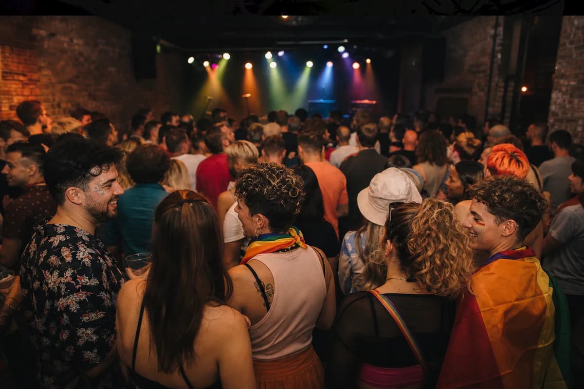 A natural PridePal atmosphere image of a diverse crowd enjoying an indoor Pride event in a brick-lined venue