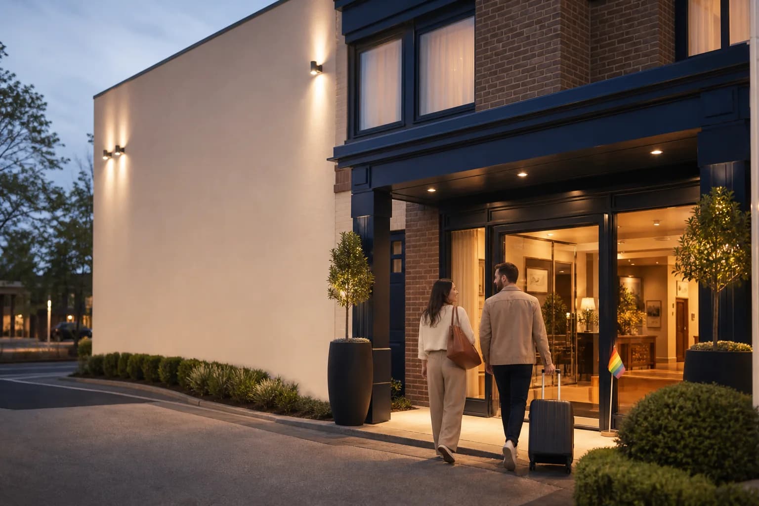 Guests arriving at a warmly lit contemporary boutique hotel