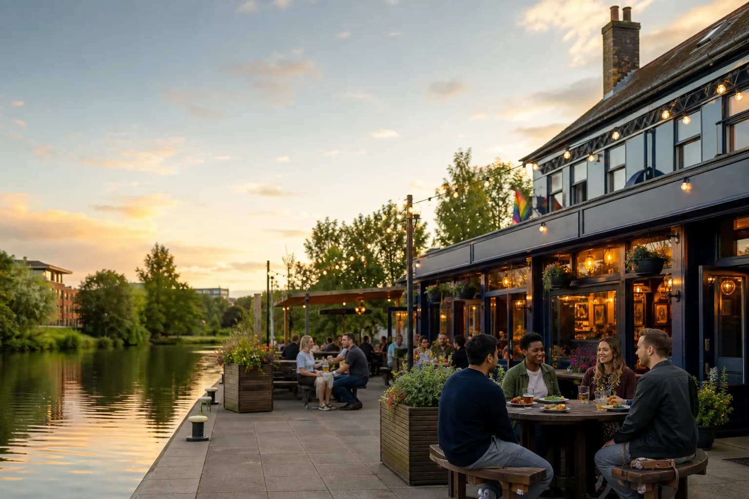 Friends relaxing outside a warmly lit waterside pub