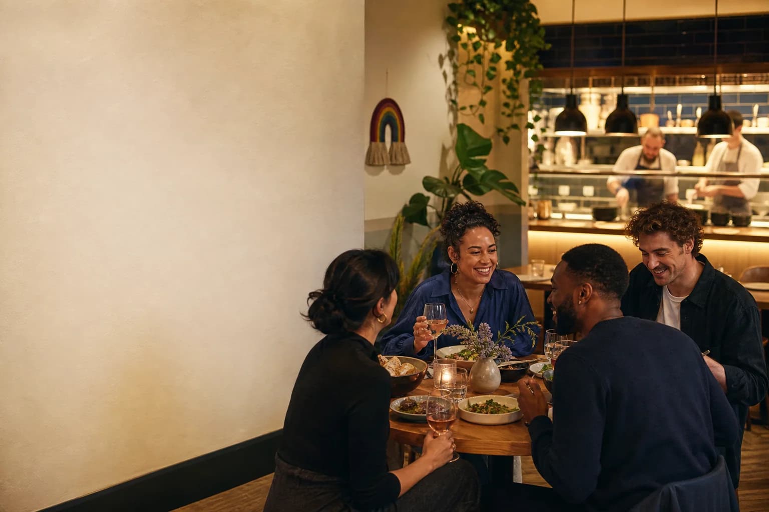 Friends sharing dinner in a warmly lit independent restaurant