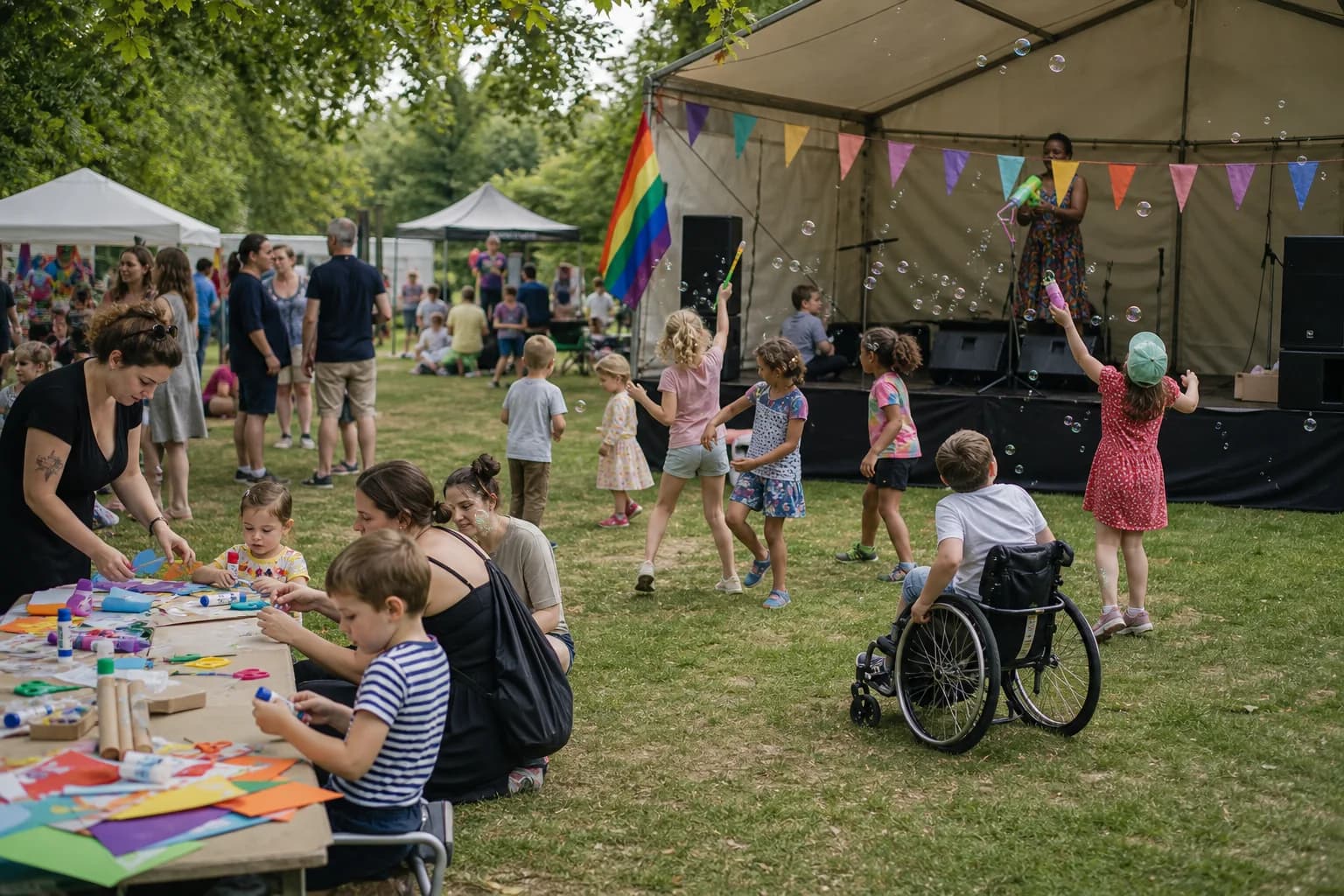 A natural PridePal atmosphere image of children enjoying crafts and bubbles beside a small park stage