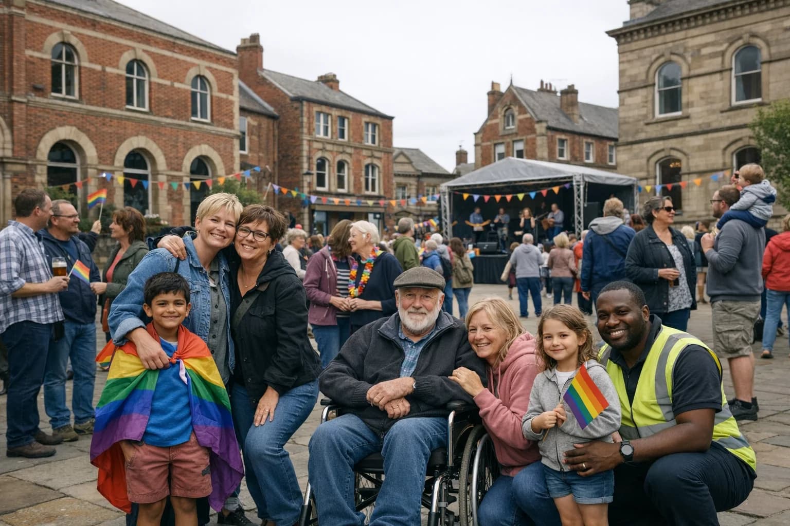 A PridePal-generated editorial atmosphere image of a mixed-age community Pride gathering in a generic northern English civic square
