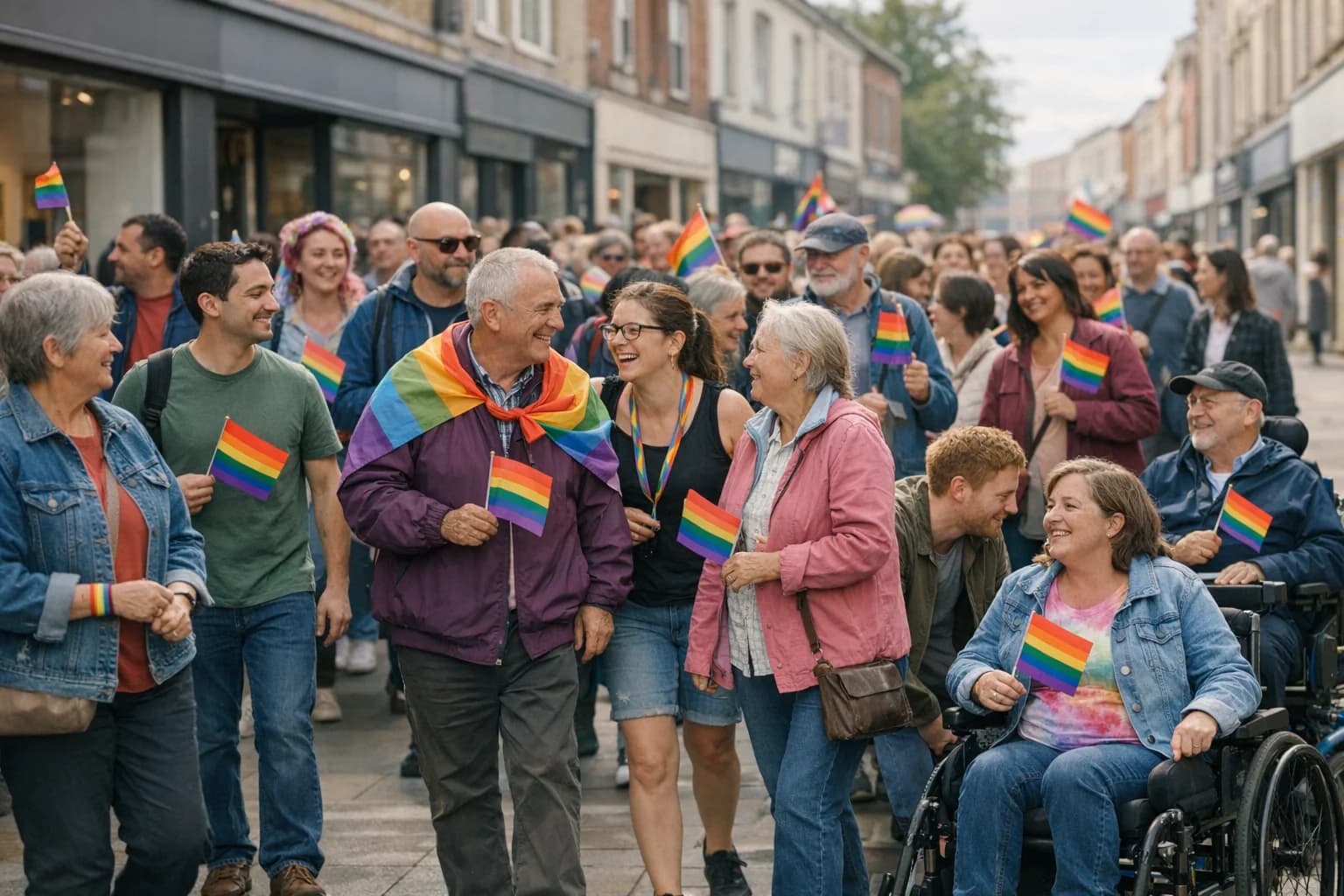 A PridePal-generated editorial atmosphere image of an inclusive community Pride march on a generic pedestrian shopping street