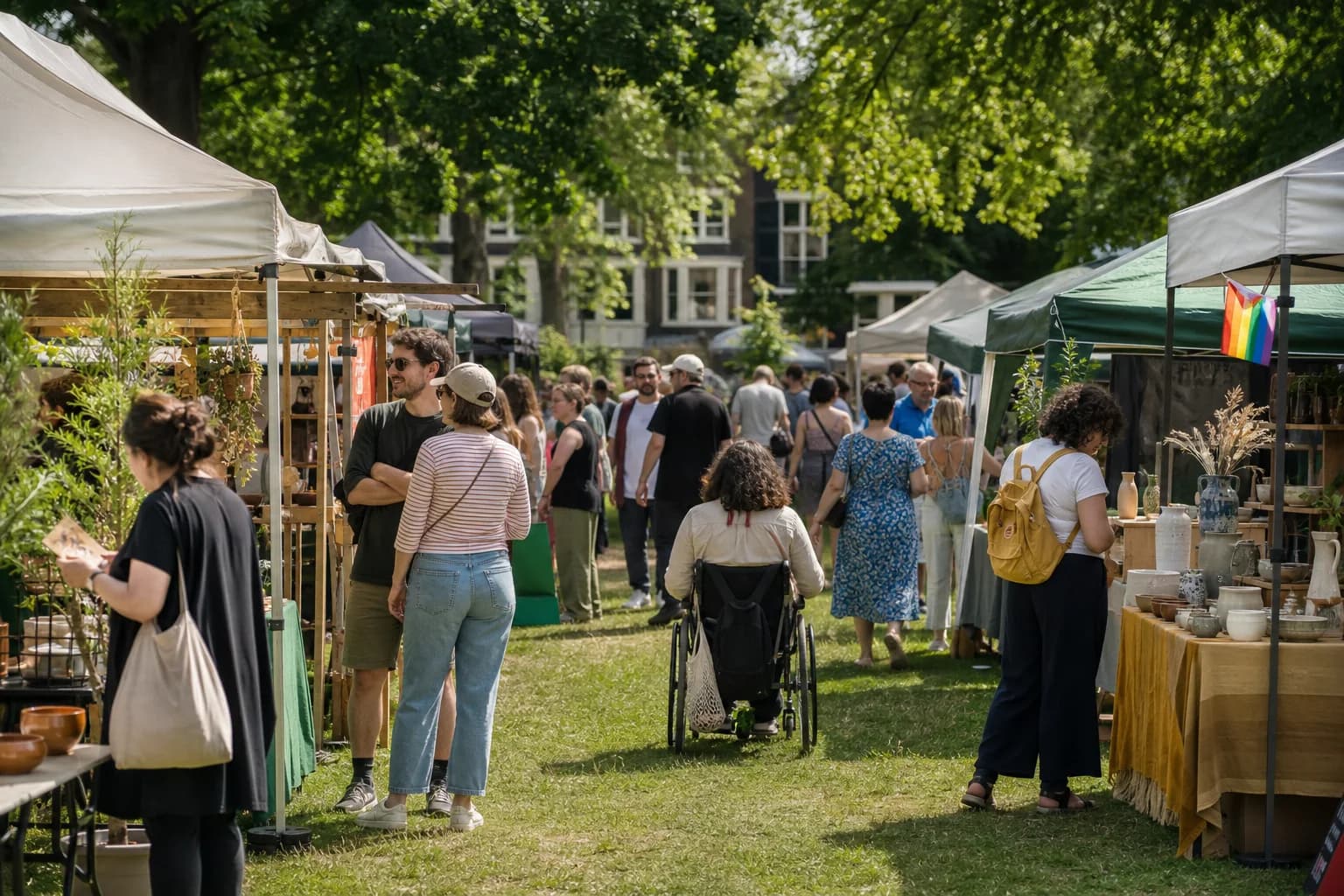 A natural PridePal atmosphere image of visitors browsing independent market stalls in a leafy park